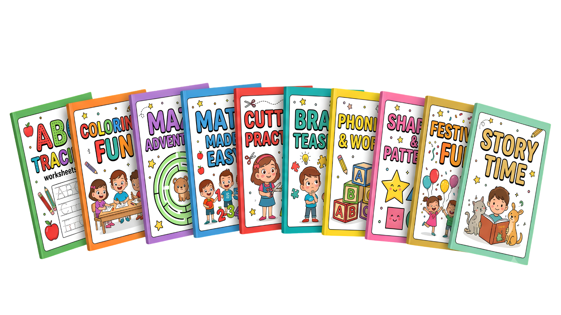 Set of 10 kids activity worksheet packs included in the bundle