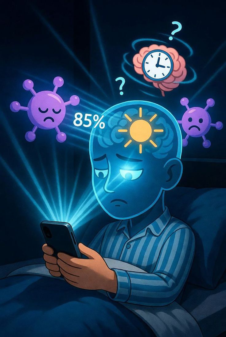 Illustration of a child affected by too much mobile screen time at night
