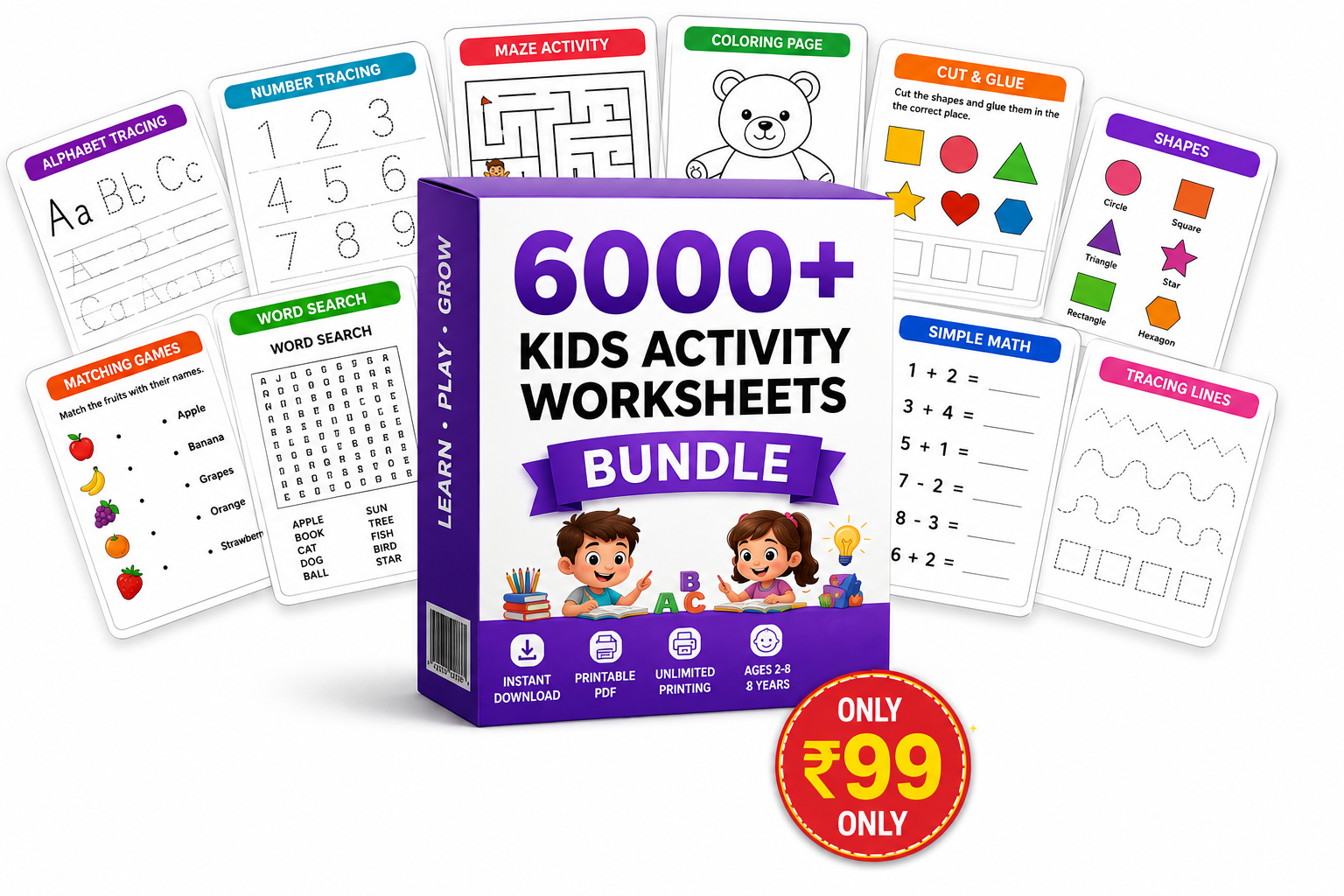 Worksheet samples: tracing, mazes, coloring, word search and math pages